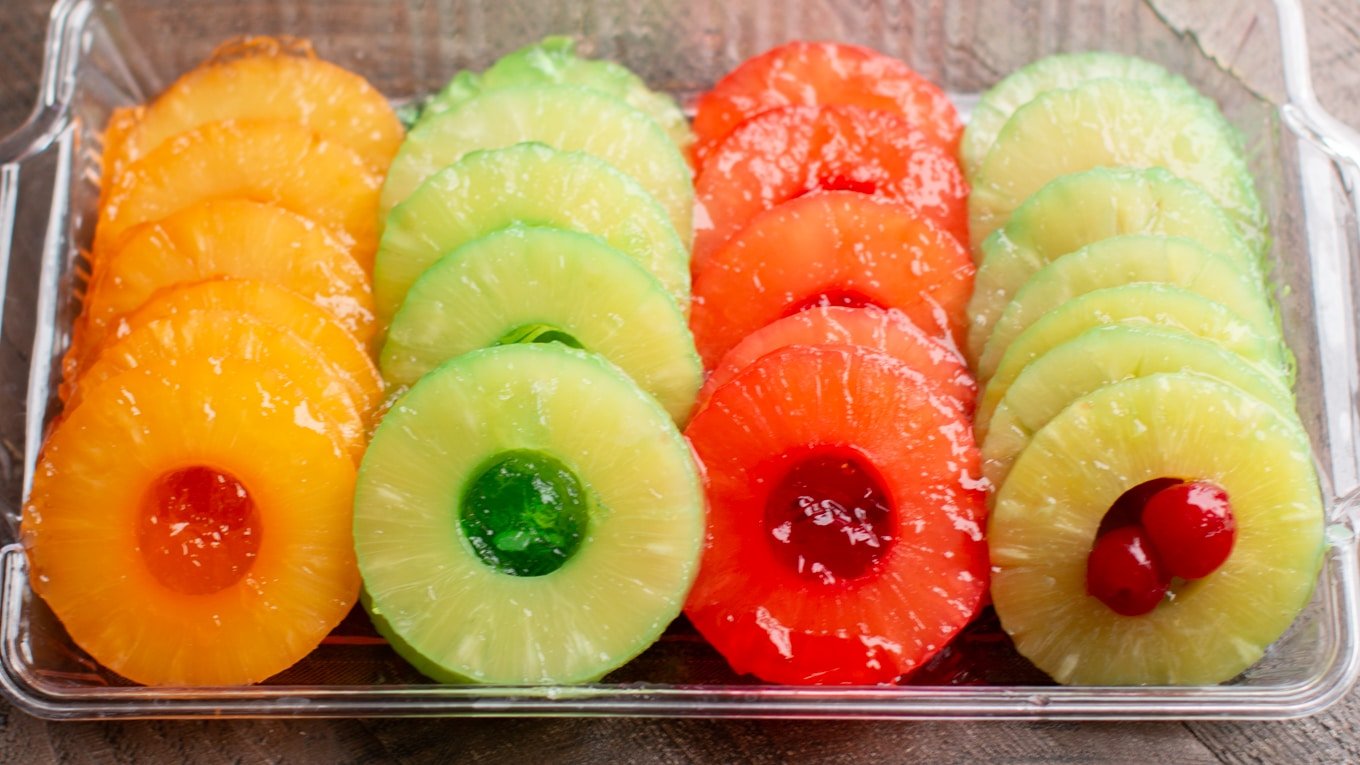 tray of pineapple and jello, different colors