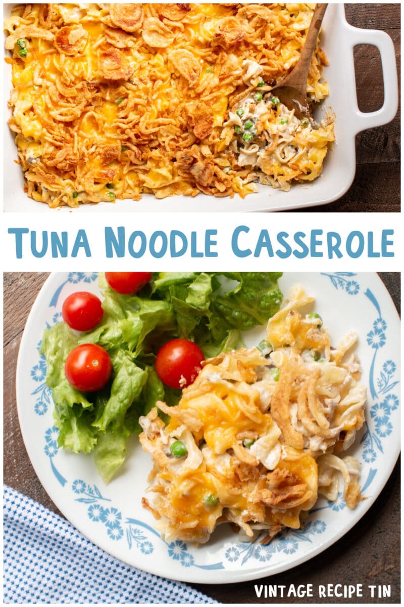 collage of tuna noodle images with text overlay for pinterest