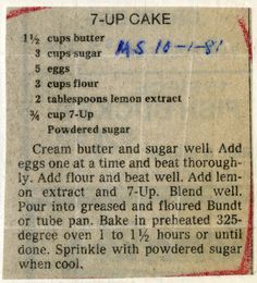 vintage recipe for 7up cake from newspaper