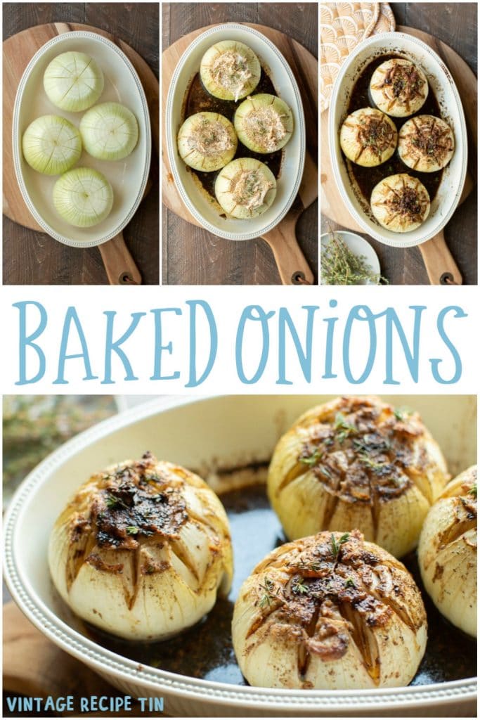 collage of baked onion images with text overlay for pinterest