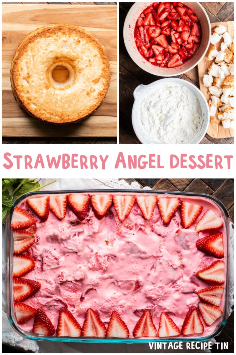 collage of strawberry angel dessert with text overlay for pinterest
