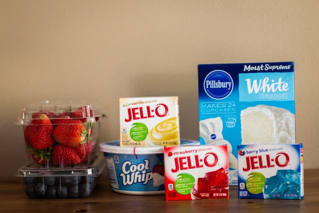 ingredients for jello poke cake on the counter.