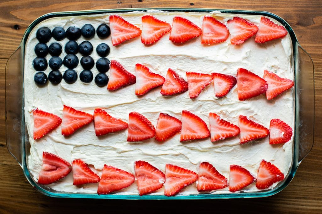 cake decorated with blueberries and strawberries to look like a flag.