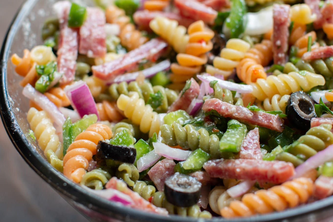 close up of deli pasta salad