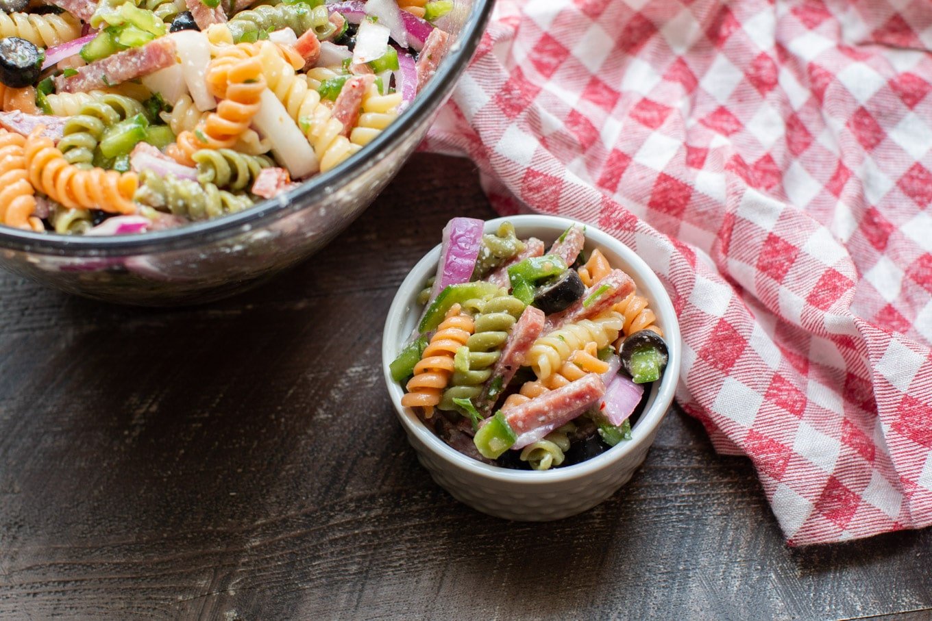 white bowl with deli pasta salad in it.