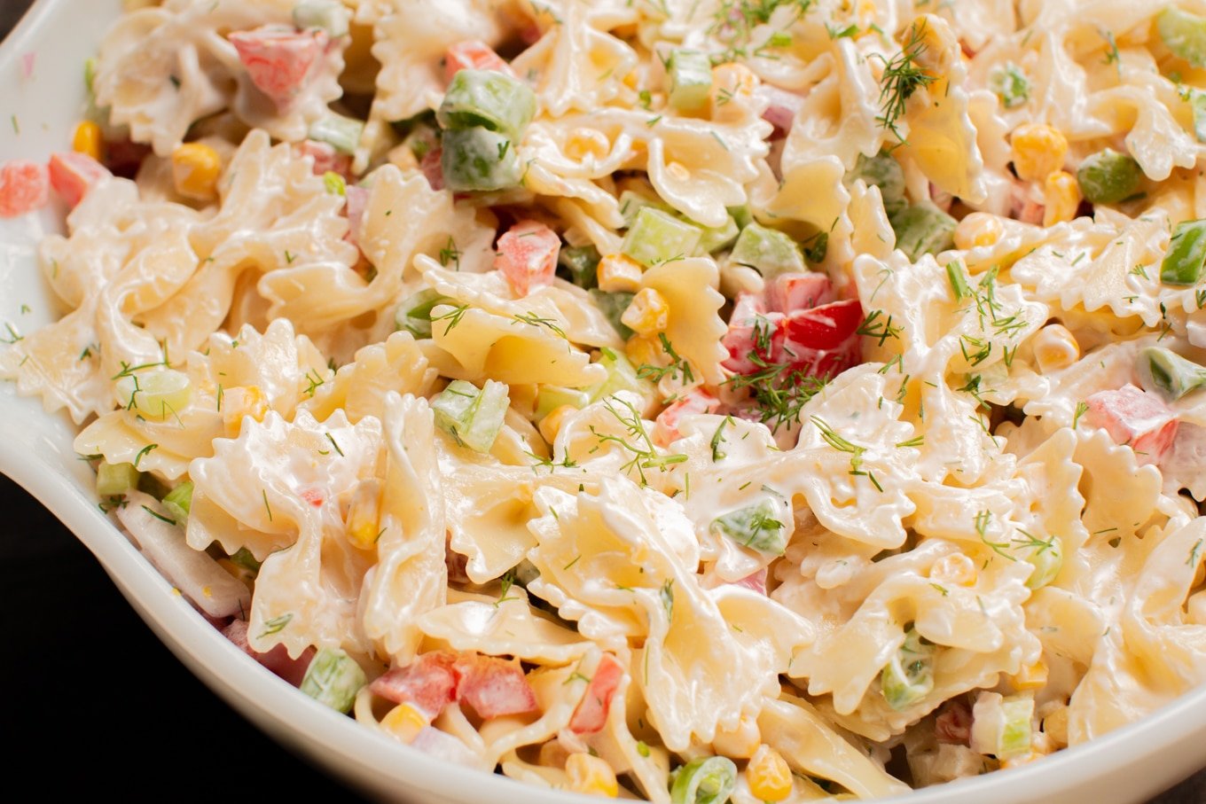 close up of bow tie pasta salad