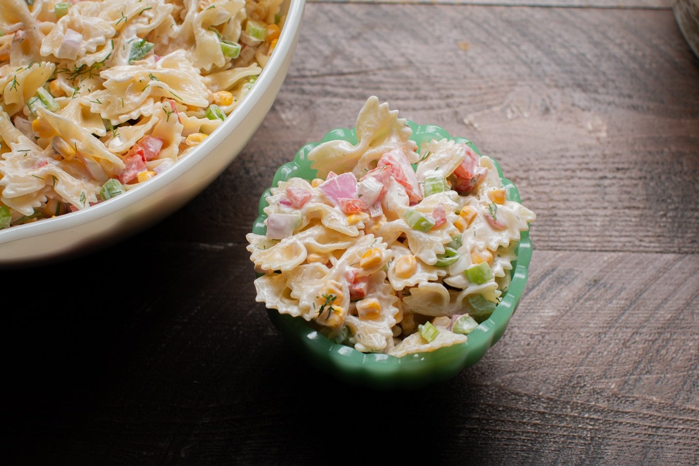 pasta salad in green bowl