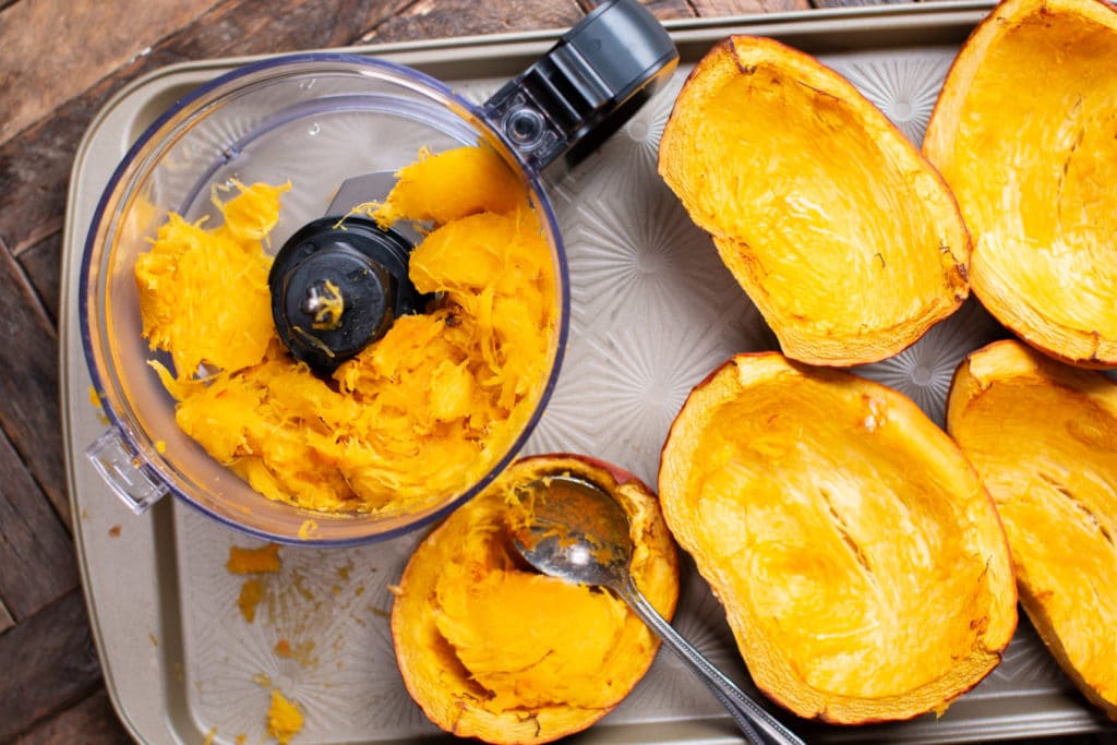 cooked pumpkin in a food proccesser 