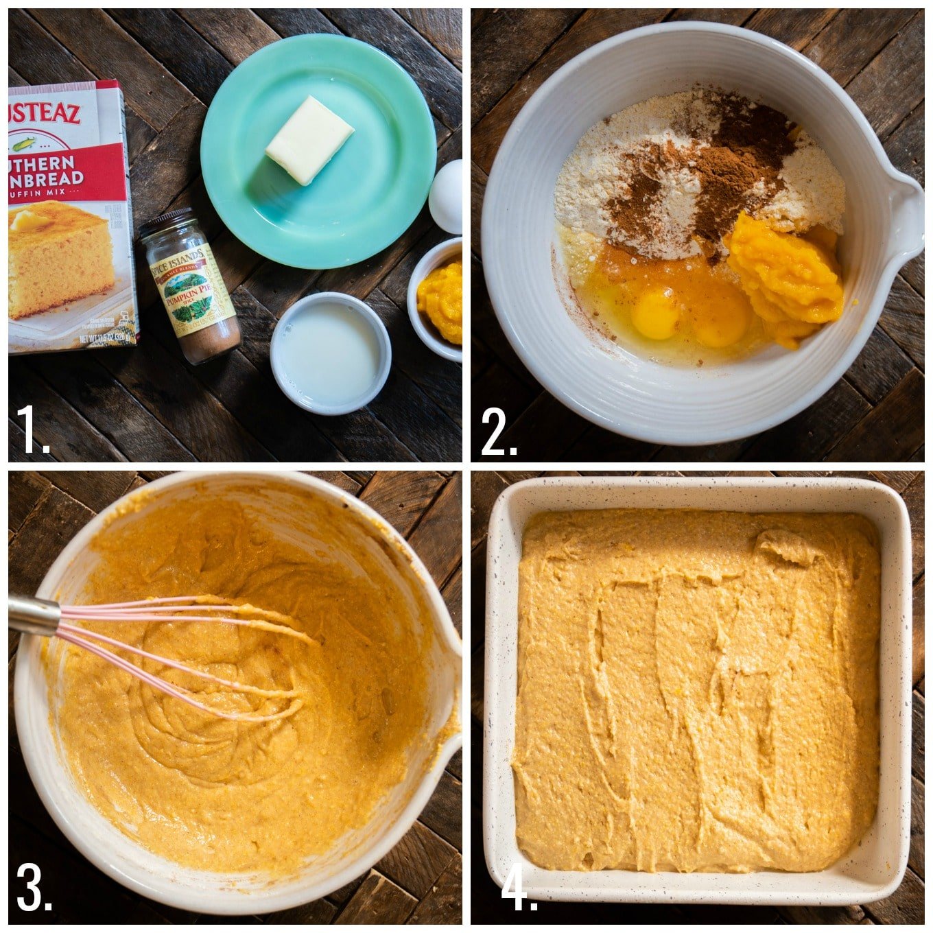 4 photo collage about how to make pumpkin cornbread