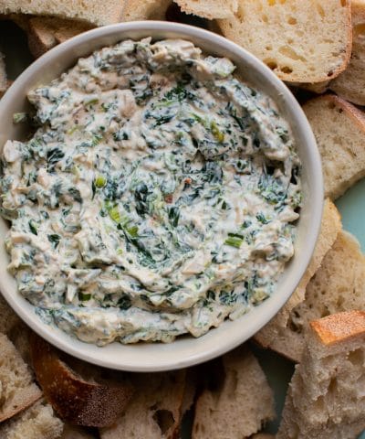cold spinach dip in a a bowl.