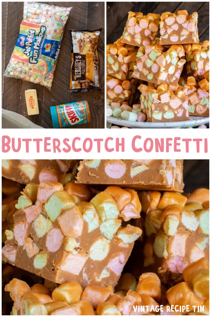 collage of butterscotch confetti with text overlay for pinterest