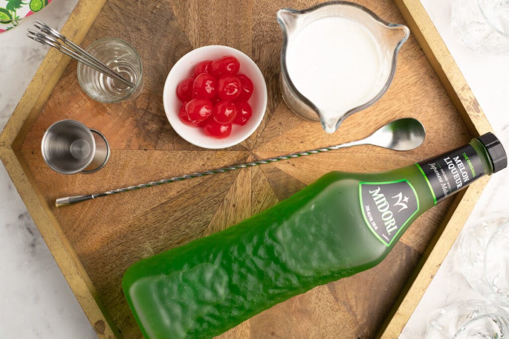 ingredients for melon sherbet cocktail on tray