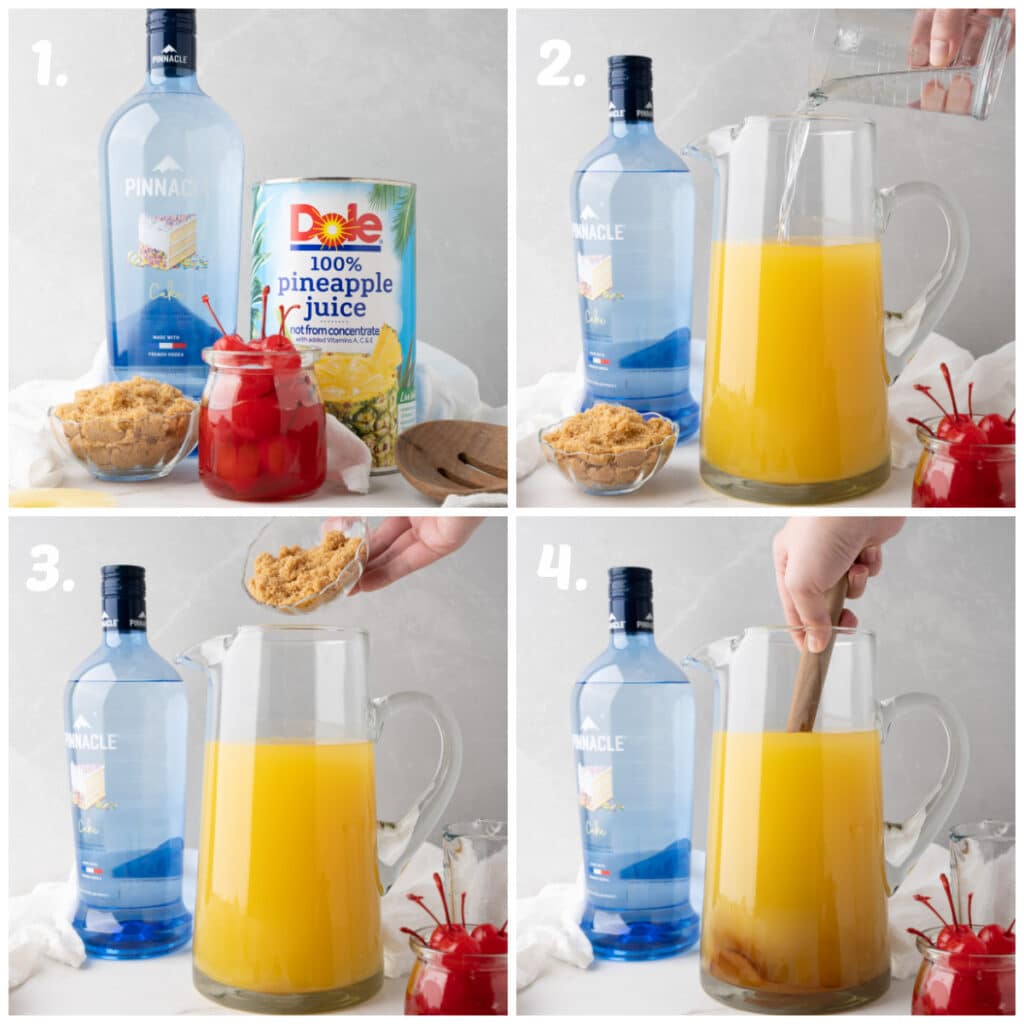 4 photo collage about how to assemble pineapple pitcher drinks