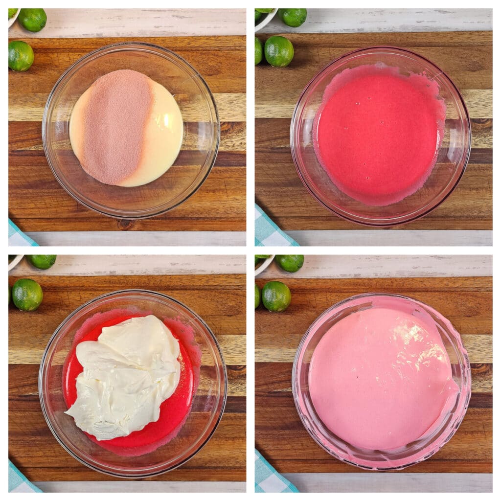 4 image collage on how to put the filling together for cherry limeade pie