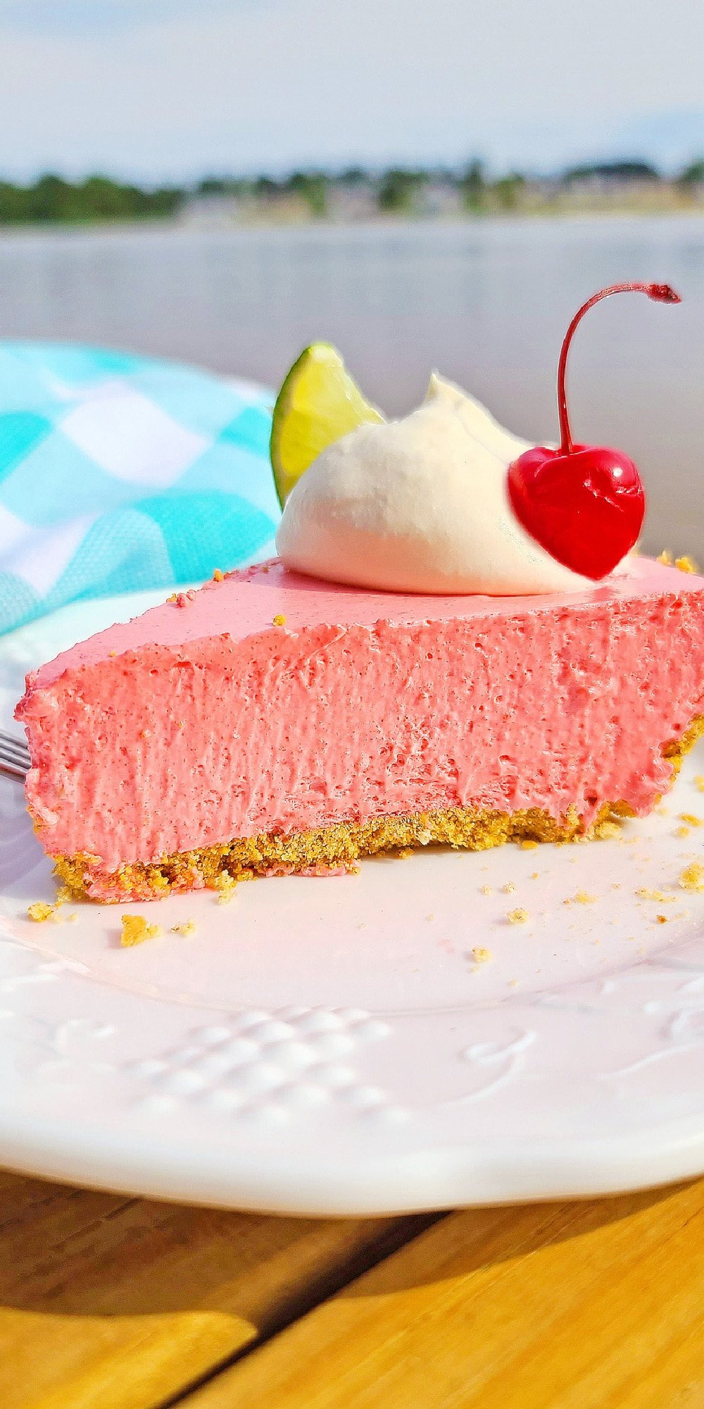 Slice of sonic cherry pie with lake in the background