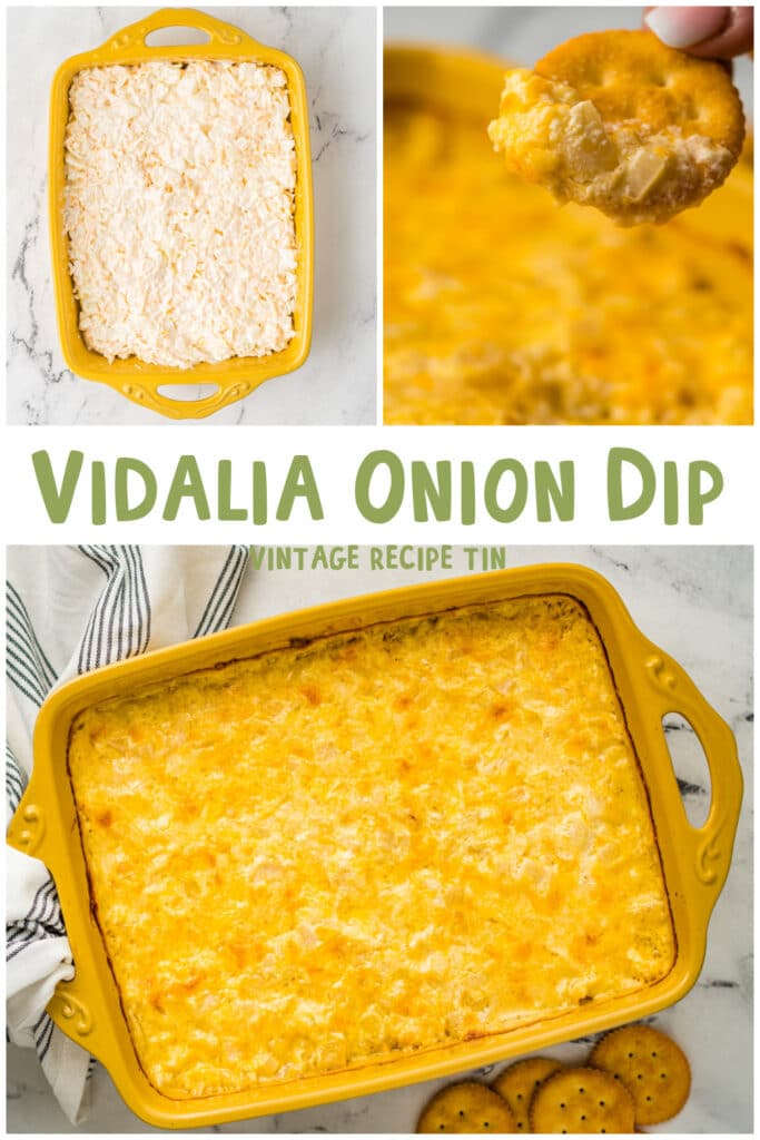 collage of vidalia onion dip with text overlay for pinterest