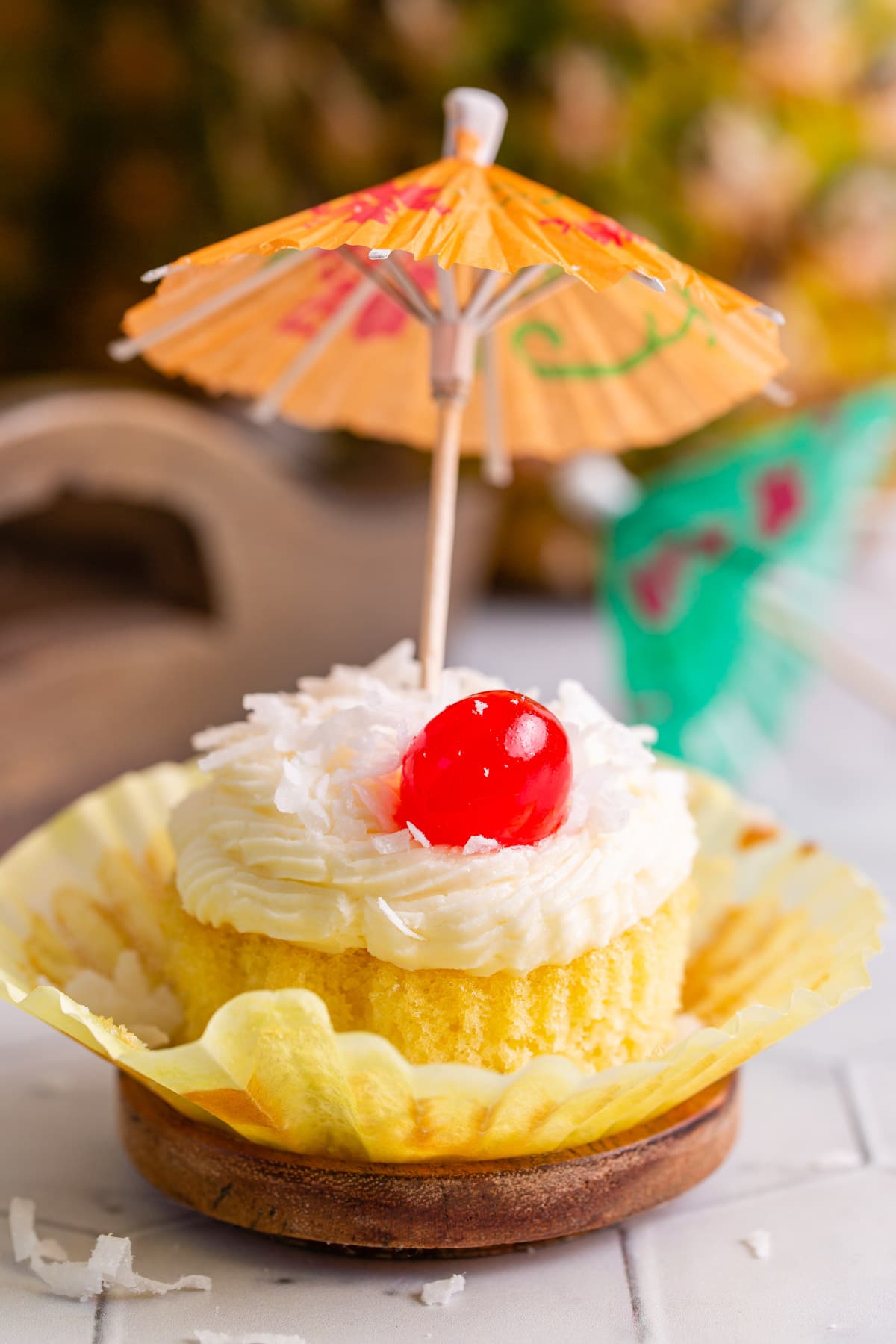 close up of pina colada cupcake