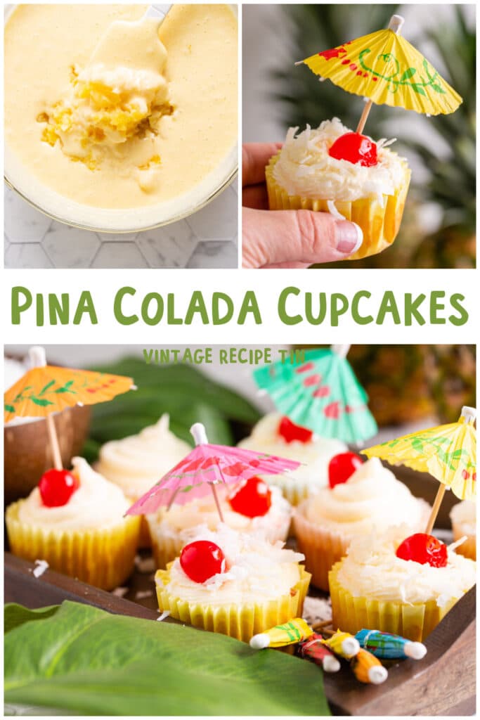 collage of pina colada cupcakes with text overlay for pinterest