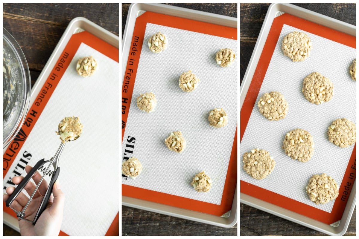 before and after cooking apple cookies on sheet pan