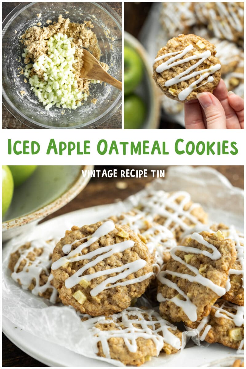 collage of apple oatmeal cookies with text overlay for pinterest