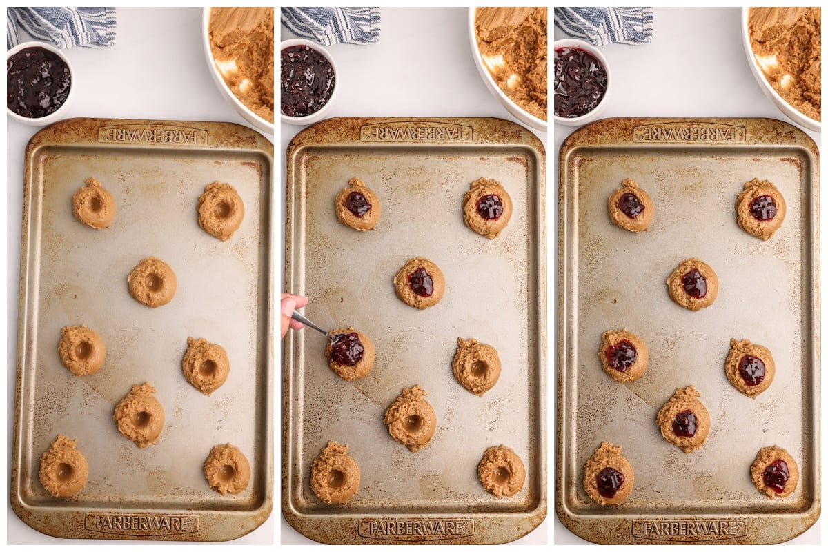 collage of how to assemble cookie balls and add raspberry filling