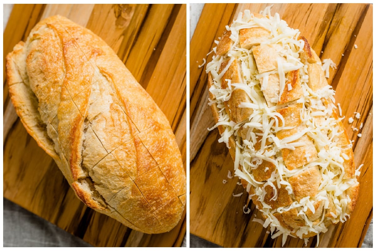scored french bread and then a image of it stuffed with cheese