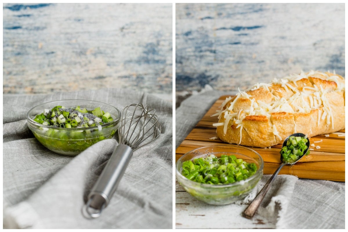2 image collage. One of poppy onion sauce and the other of the sauce and cheese stuffed bread