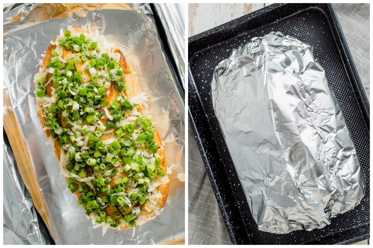 2 image collage. One of prepared poppy bread, the other of it wrapped in foil