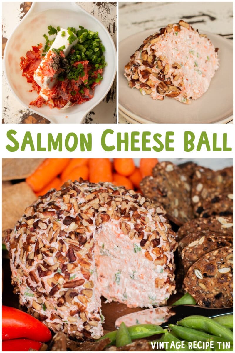 collage of salmon cheese ball images with text overlay for pinterest