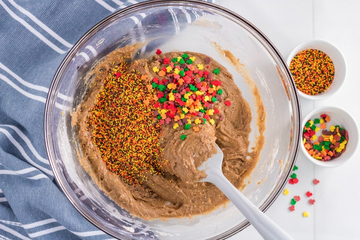 spice cake mix batter with sprinkles on top