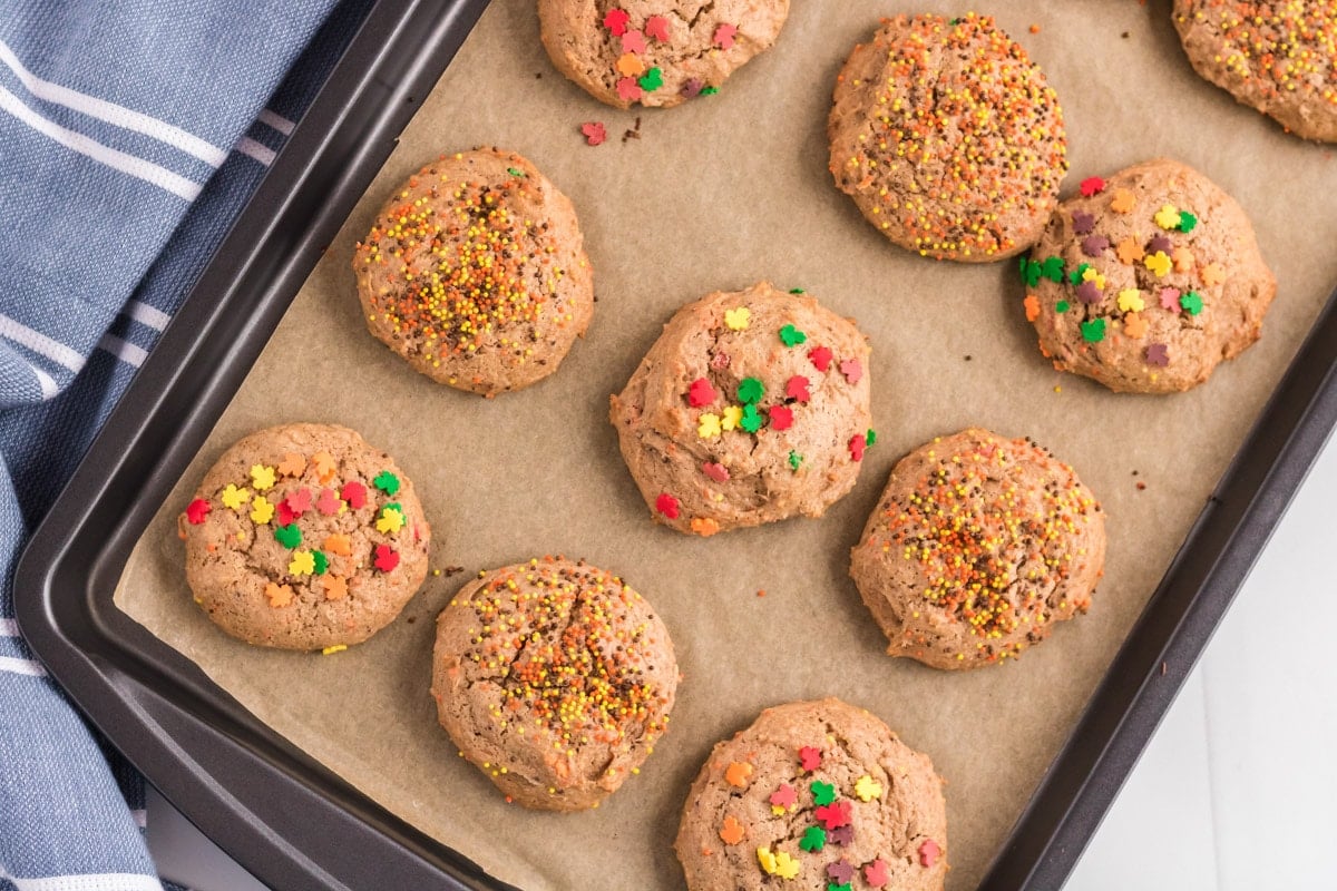 baked spice cake mix cookies on sheet pan