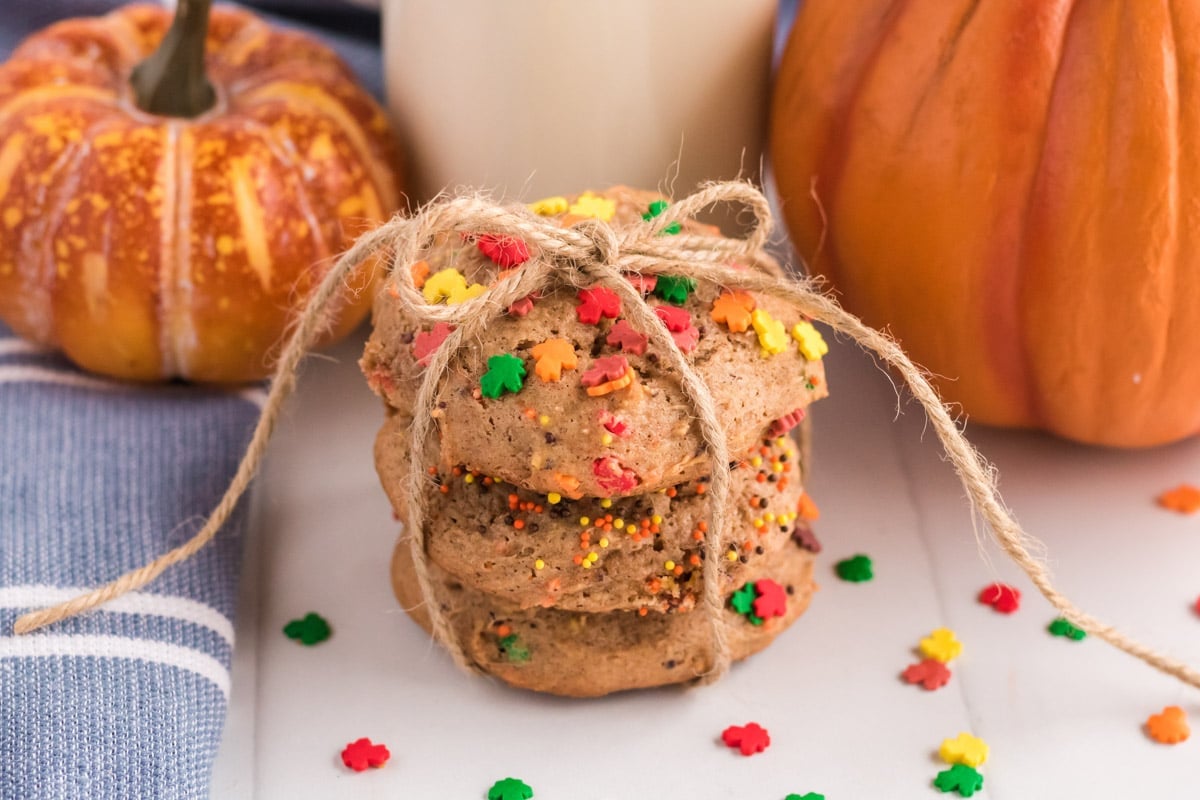 stack of cake mix cookies with twin bow around them