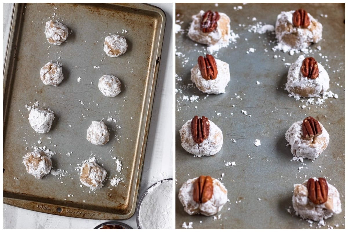2 images on how to rolls cookie balls in powder and place pecans on top of each one