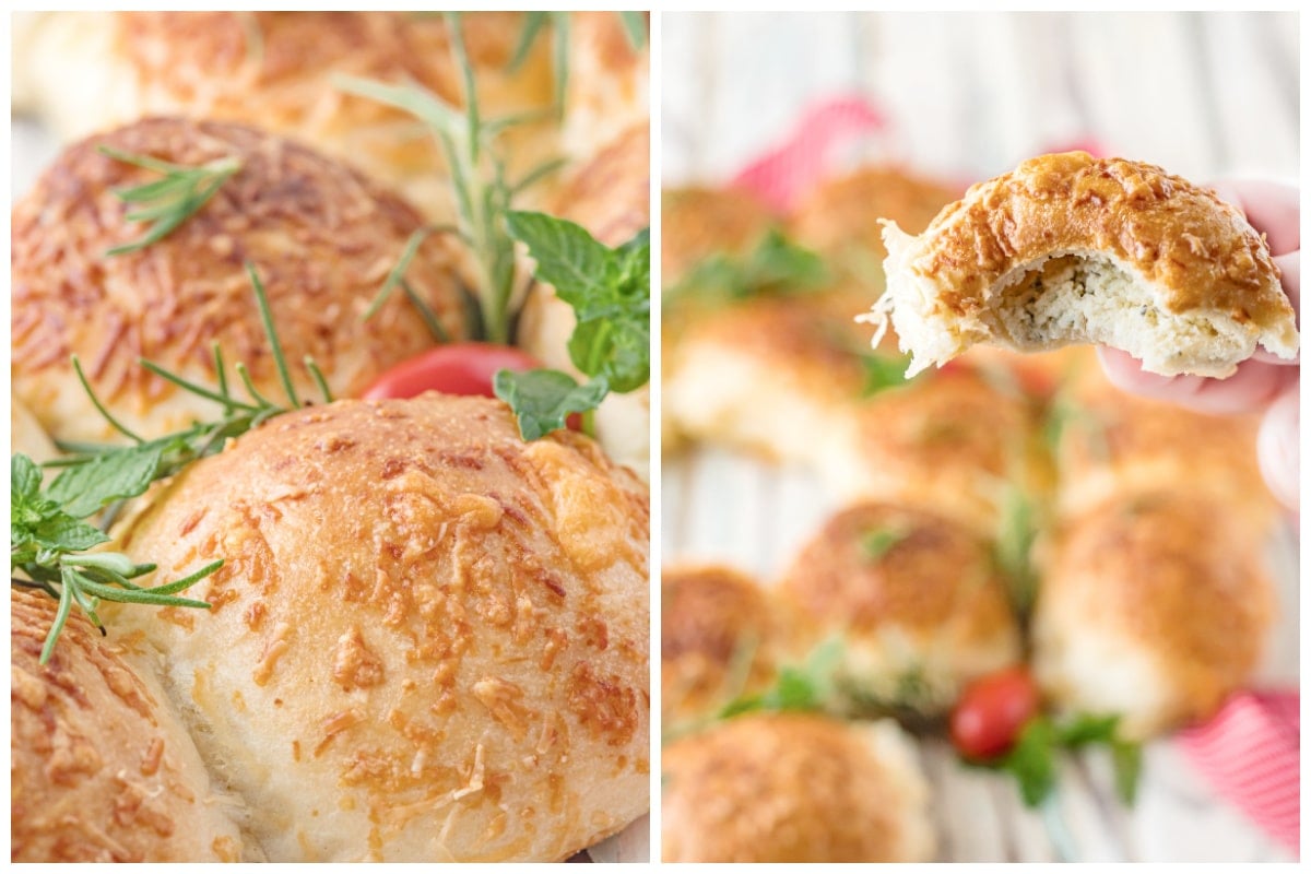 close ups of cheese bread wreath pieces