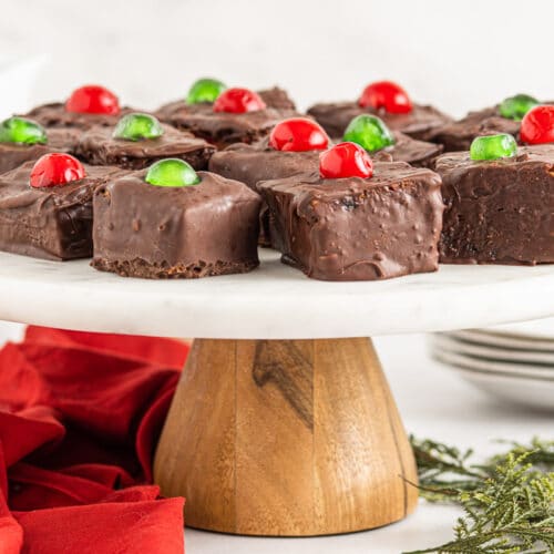 Fruit cake bites on cake stand