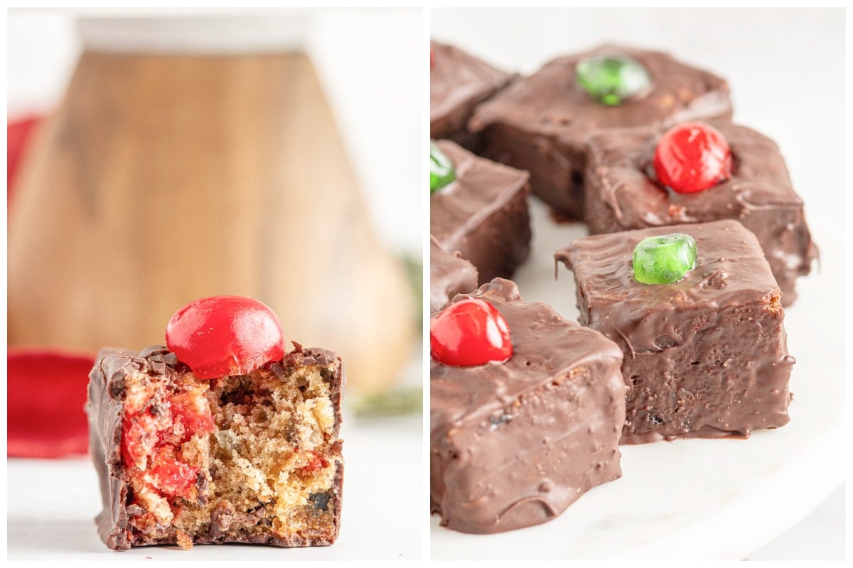 2 images of fruit cake bites completed
