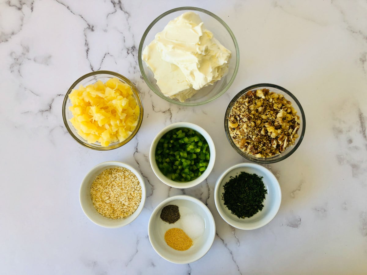 ingredients for pineapple cheese ball on table