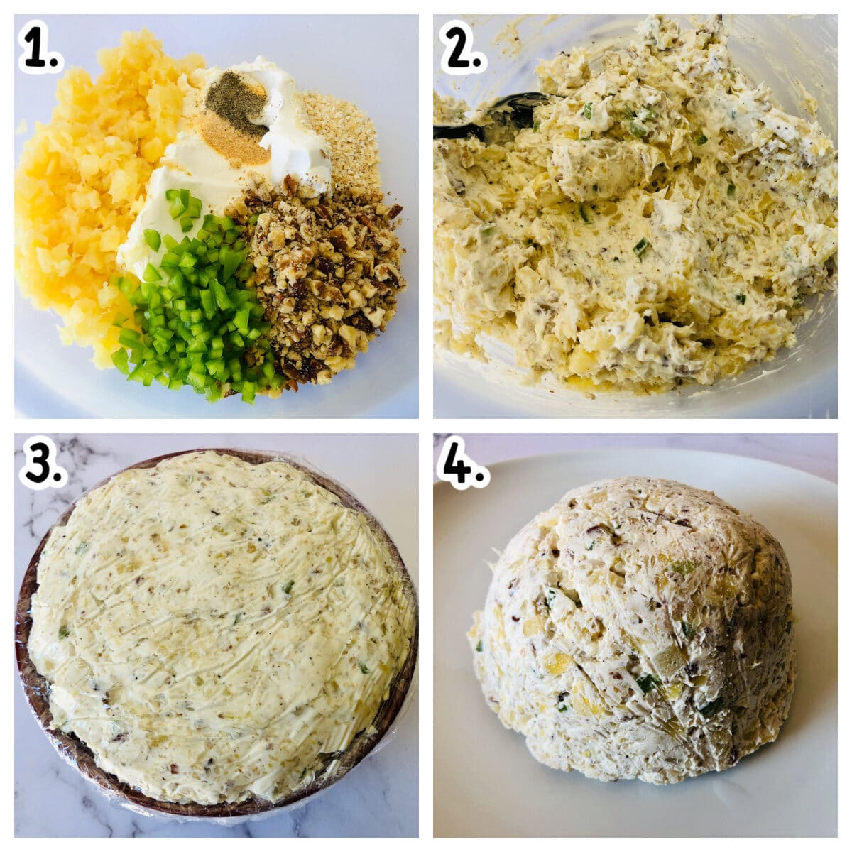 4 image collage on how to assemble pineapple cheese ball