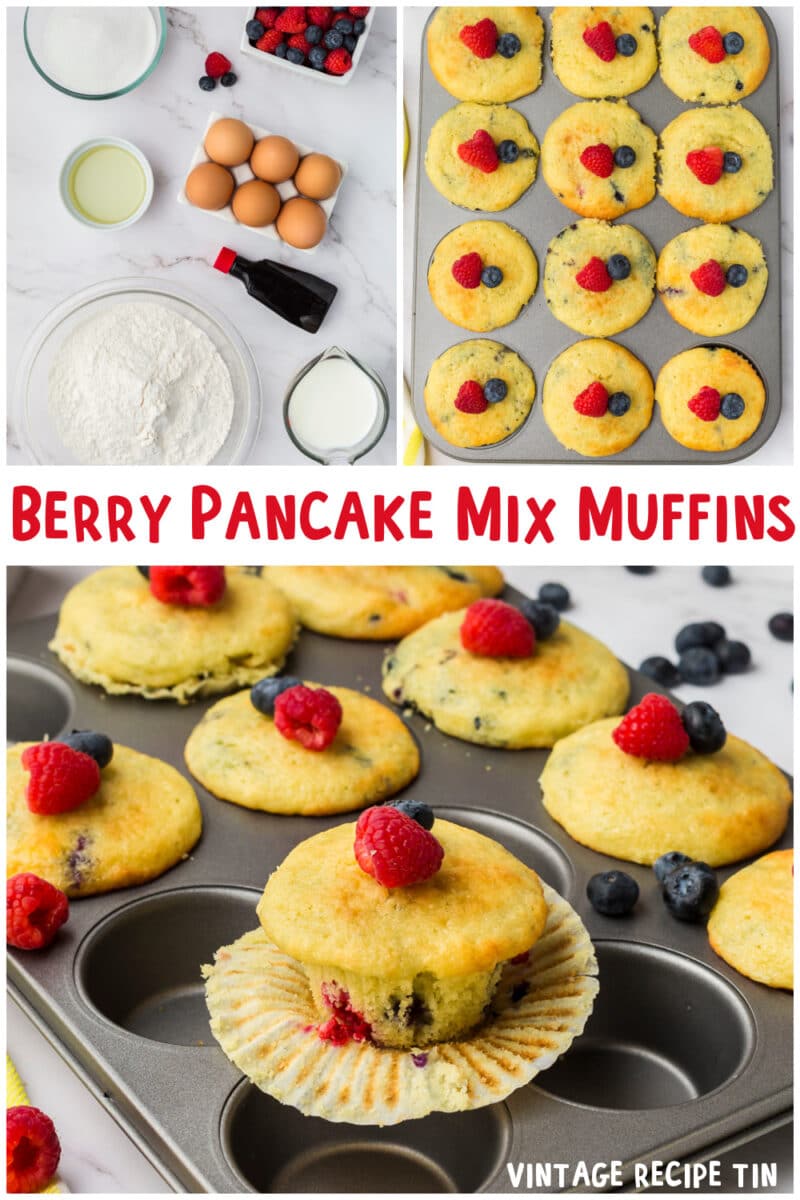 collage of berry pancake muffins with text overlay for pinterest
