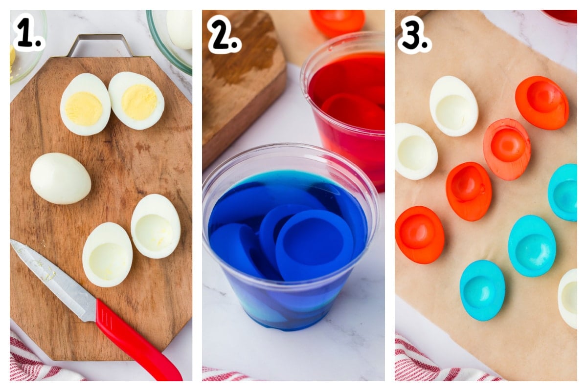 3 image collage on how to the whites of deviled eggs with food dye, water and vinegar