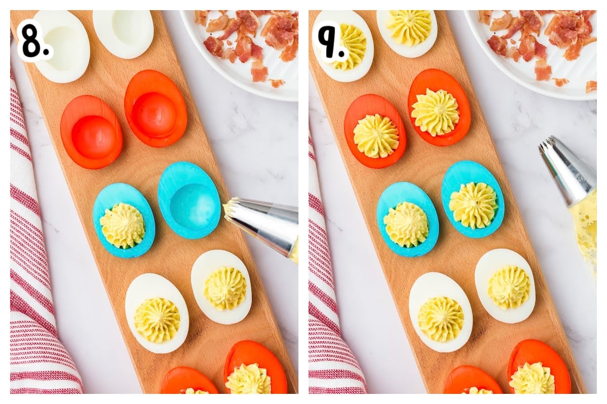 2 images on how to fill red white and blue eggs with deviled egg filling