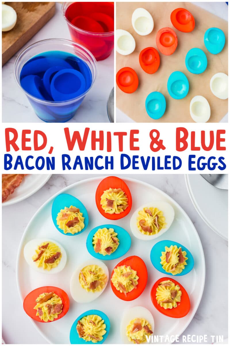 collage of red white and blue deviled eggs for pinterest with text