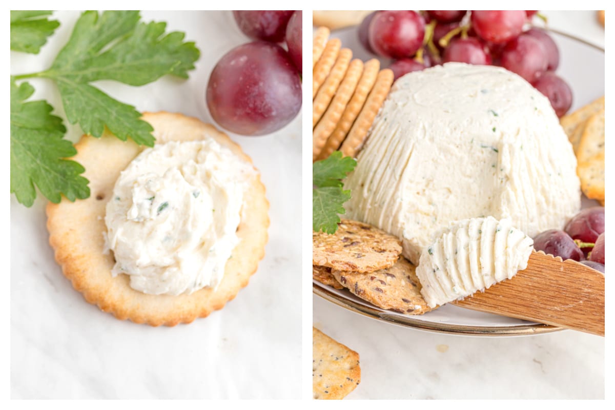 2 images of boursin cheese, one on cracker.