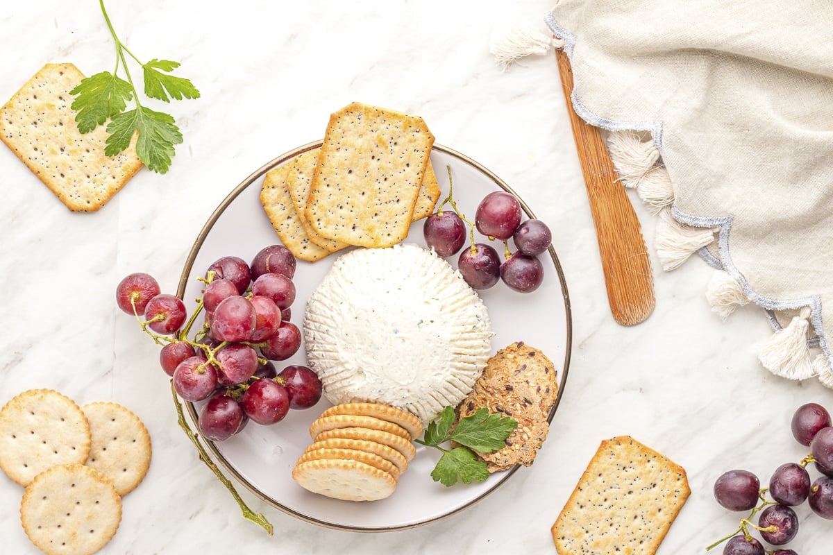 overhead shot of boursin cheese and crackers.