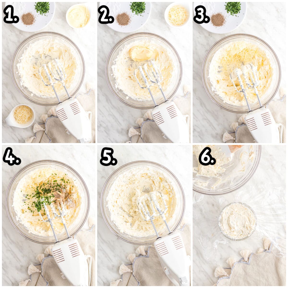 6 steps of images of how to blend together boursin cheese recipe.