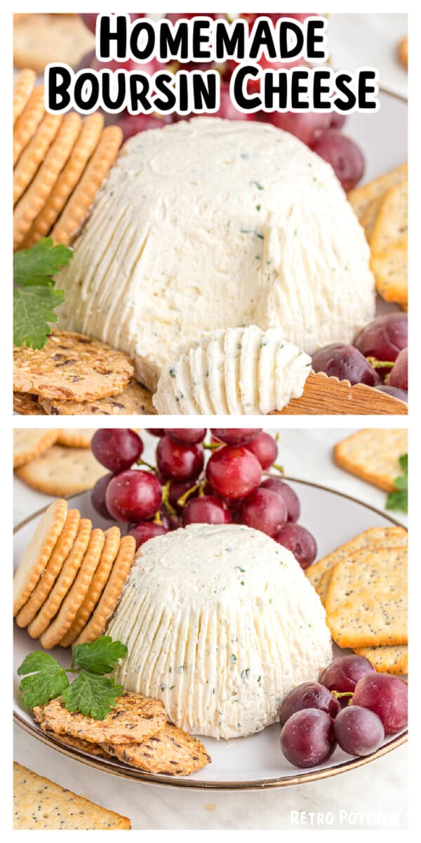 2 images of boursin cheese with text overlay.