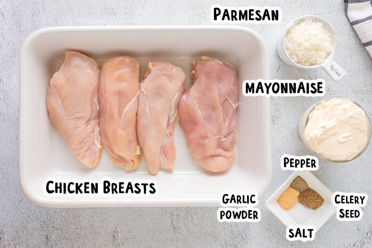 ingredients for mayonnaise parmesan chicken ingredients on table with text overlay.