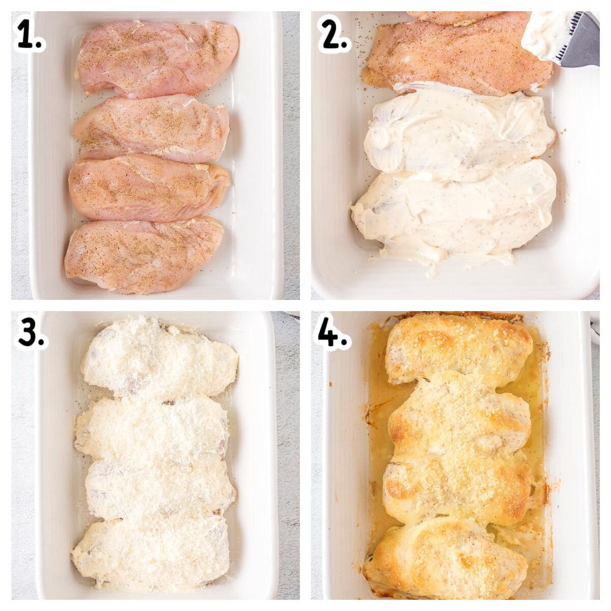collage on how to put ingredients into casserole dish for mayonnaise chicken