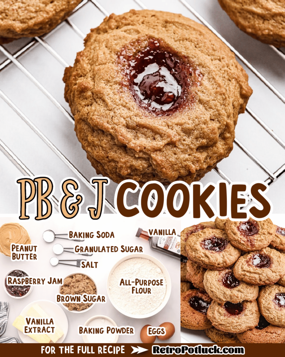 collage of pb and j cookies with text of ingredients.