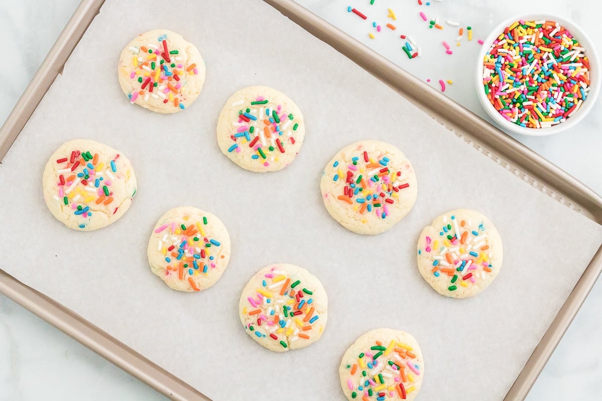 cooked tray of funfetti cake mix cookies.